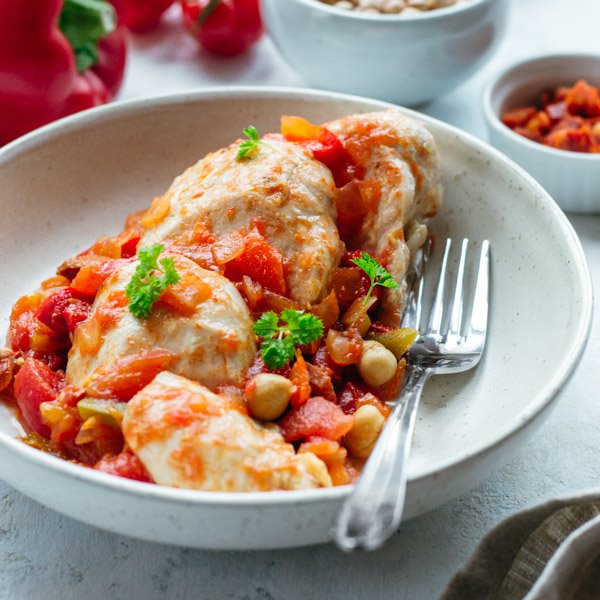 Chicken with Chorizo, Pepper and Chickpeas